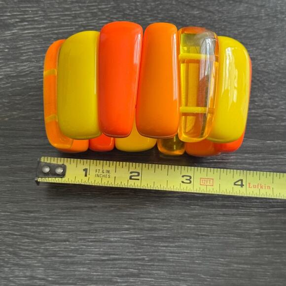 Vintage 1960s Orange Yellow Lucite 2" Wide Stretchy Bangle Bracelet - Picture 2 of 7